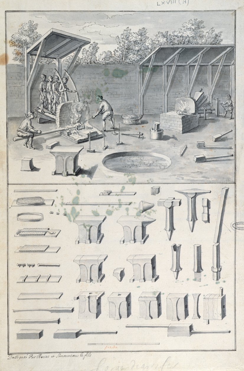 IJzersmederij, tekening voor de Description des Arts et Métiers, door L. Simonneau, die Diderot inspireerde voor de Encyclopédie door French School