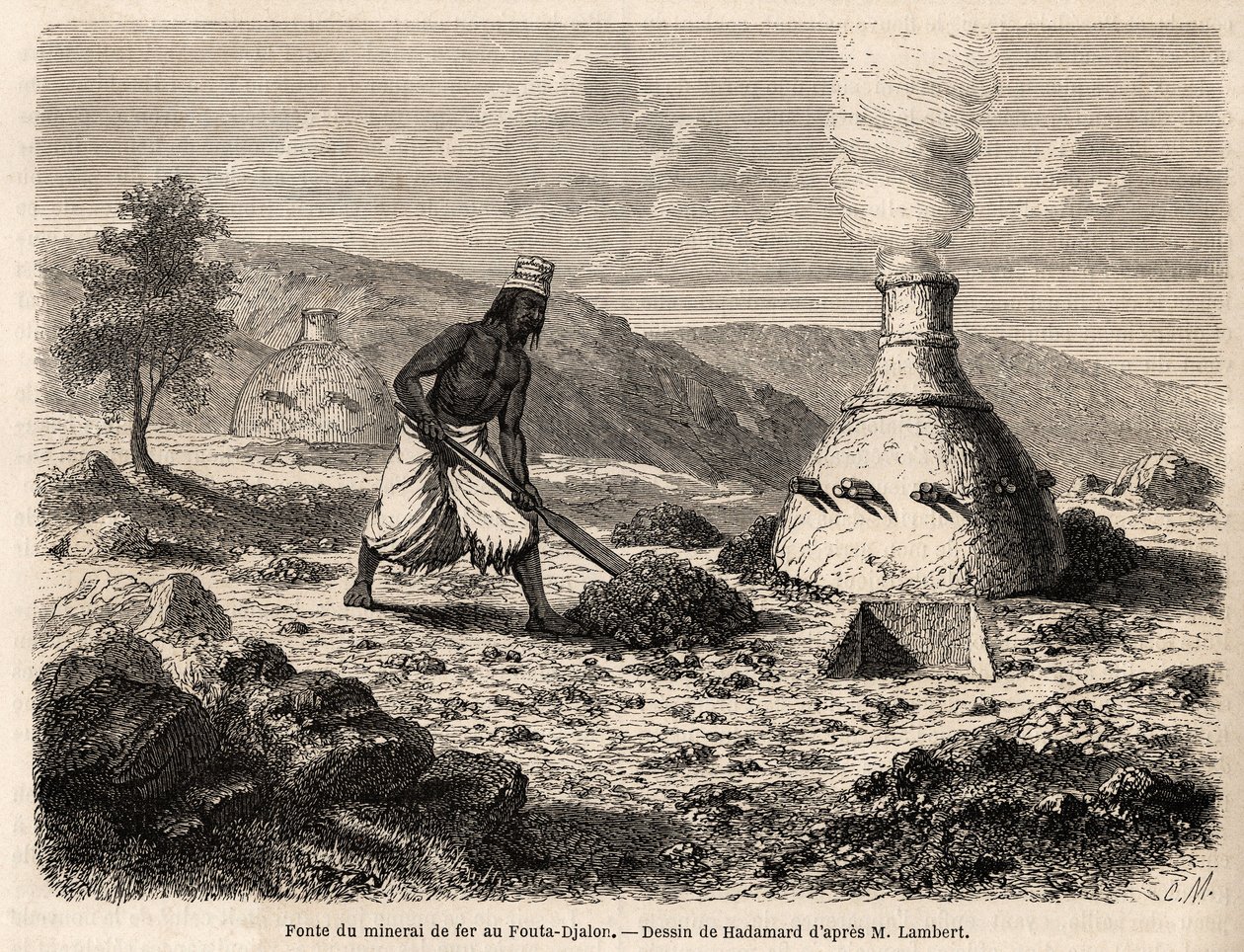 IJzerertsraffinage in Fouta Djalon, Senegal, tekening van Hadamard, ter illustratie van de reis van luitenant Lambert naar Fouta Djalon in 1860. Gravure in "Le tour du monde" 1861. Selva