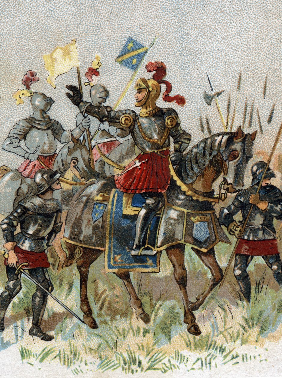 Italiaanse Oorlogen: Lodewijk XII (1462-1515), koning van Frankrijk, bij de Slag bij Agnadel (Milaan) in Italië op 14 mei 1509. Chromolithografie door French School