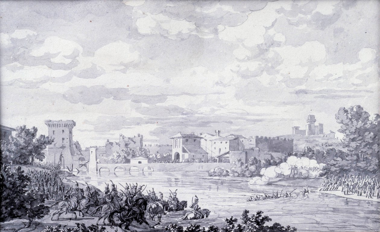 Italiaanse platteland: het Franse leger stak de rivier de Mincio over naar Borghetto in 1796 door French School
