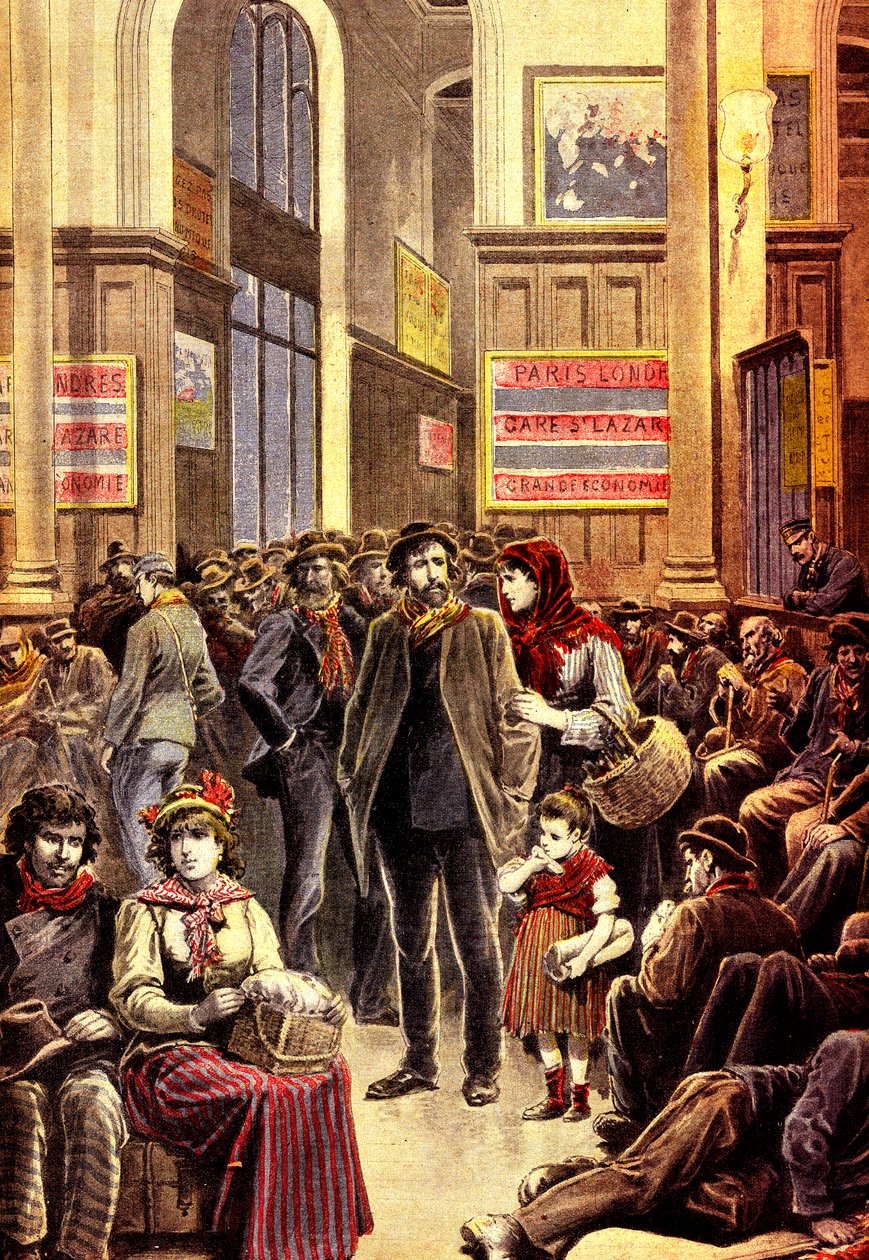 Italiaanse emigranten in Parijs in het Gare Saint Lazare treinstation in maart 1896 (gravure) door French School