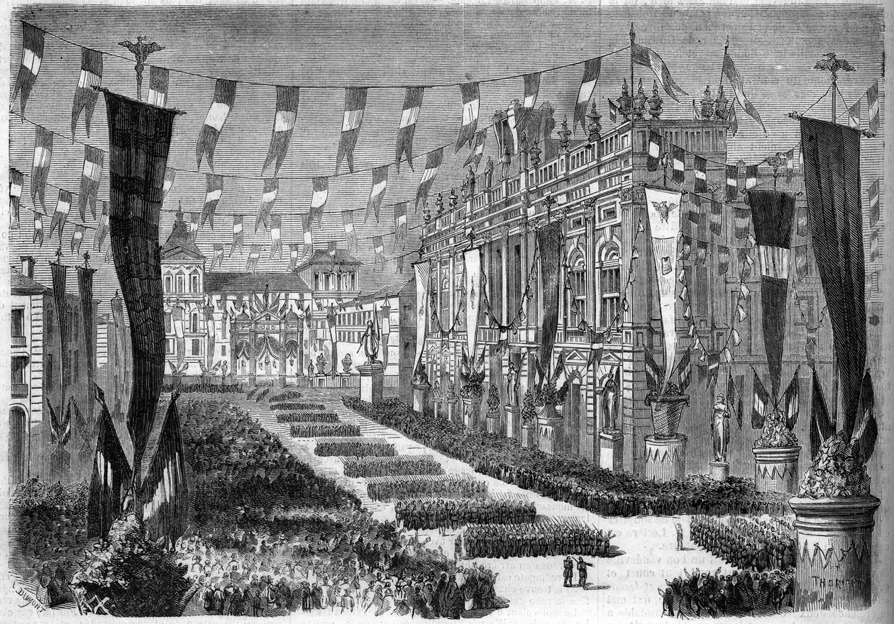 Italiaanse eenwording, Turijn, 2 april 1860: decoratie van het kasteelplein (Piazza Castello) ter gelegenheid van de opening van het Italiaanse parlement. Gravure in 
