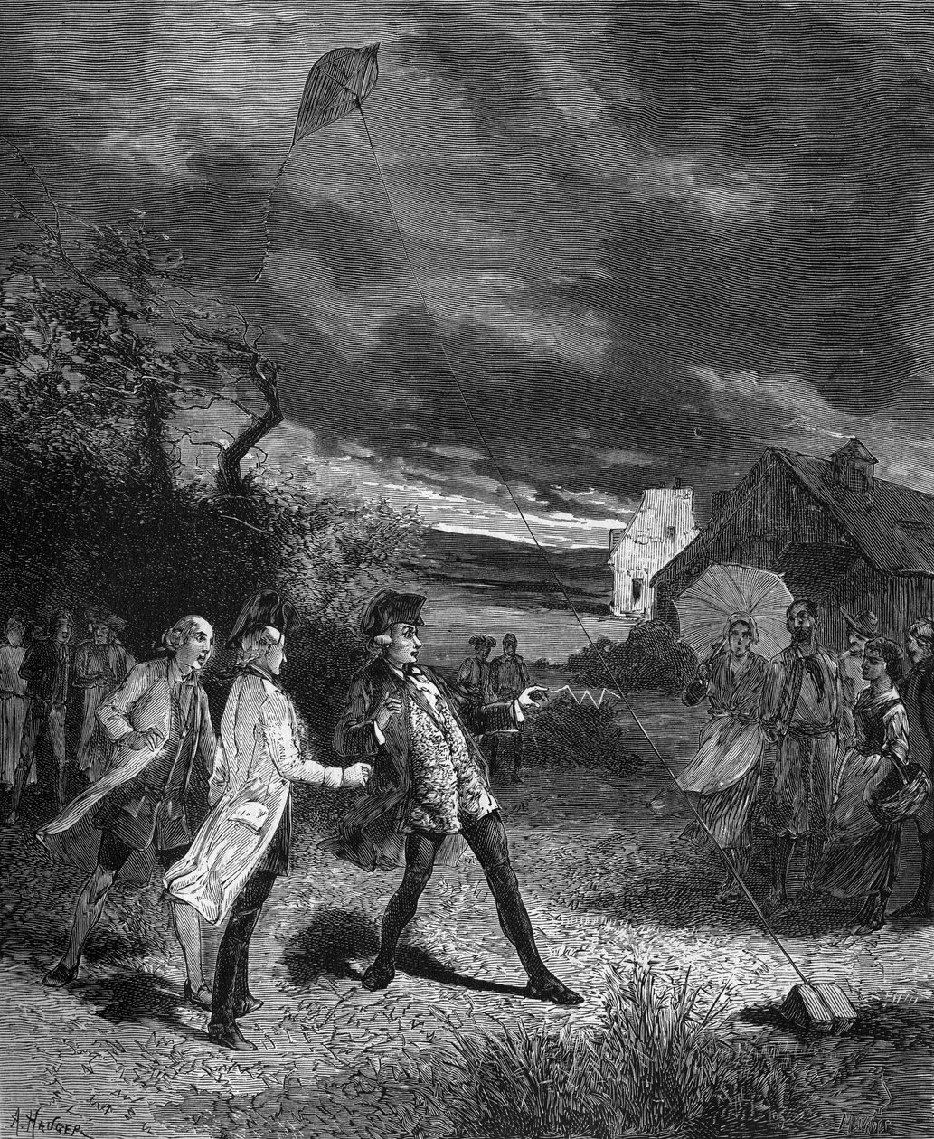 Jacques de Romas (1713-1776), Franse natuurkundige, experimenteert met een vlieger om atmosferische elektriciteit op te vangen in 1752. door French School
