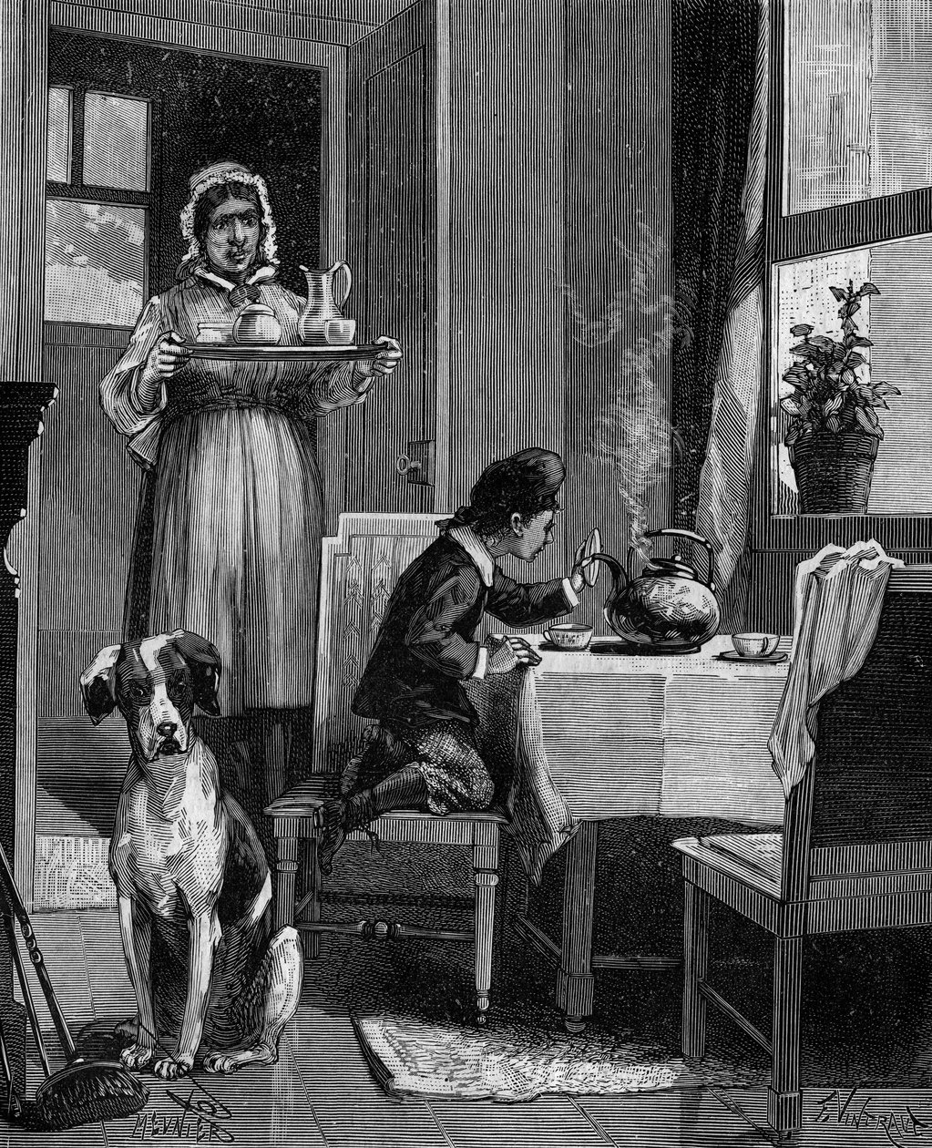 James Watt (1736-1819), als kind, ontdekt de wetten van stoom. door French School