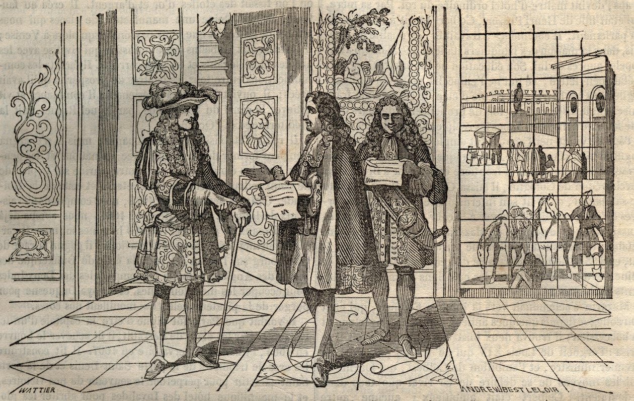 Jean Baptiste Colbert (Jean-Baptiste) (1619-1683) in een vergadering met koning Lodewijk XIV en Francois Louvois (1641-1691) in Versailles - gravure naar Leclerc - door French School