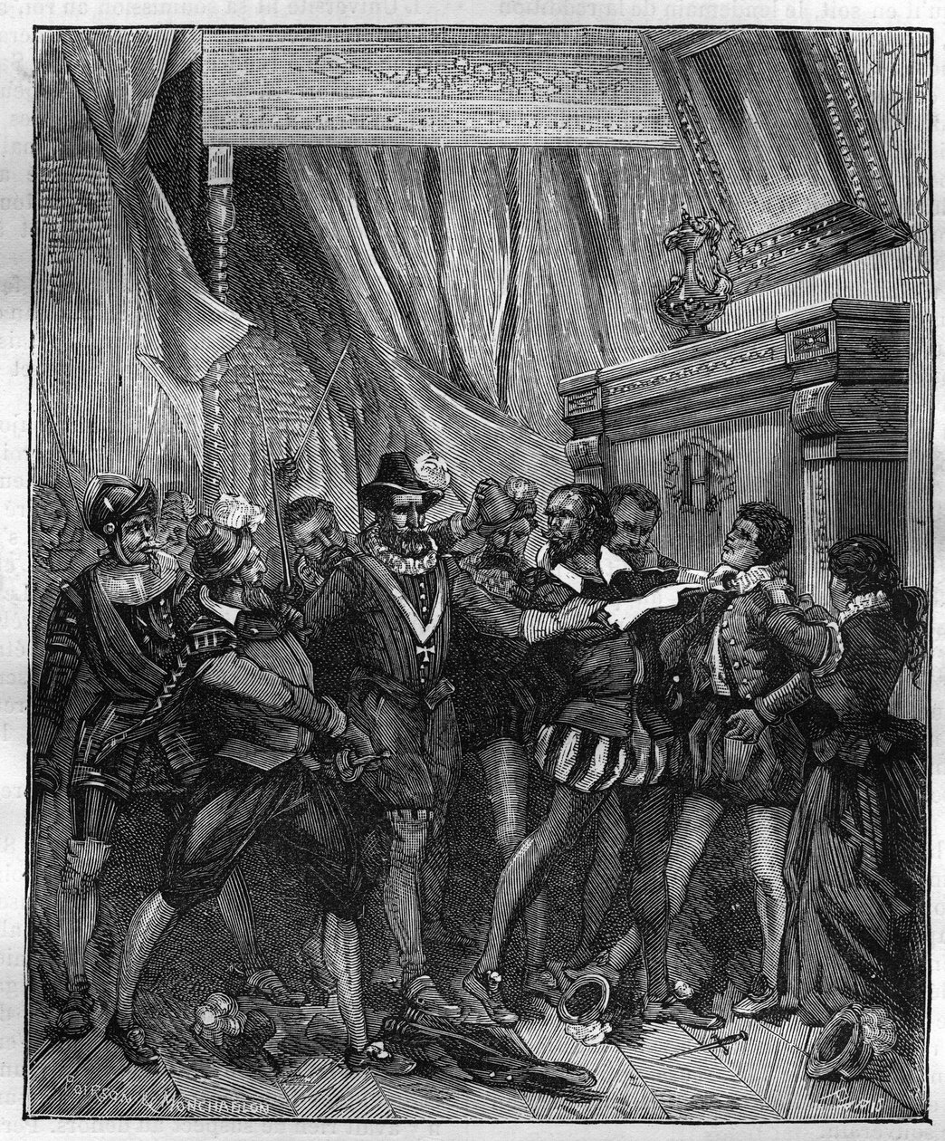 Jean Chastel na de poging tot moord op koning Hendrik IV van Frankrijk op 27 december 1594. Gravure uit de 19e eeuw. door French School
