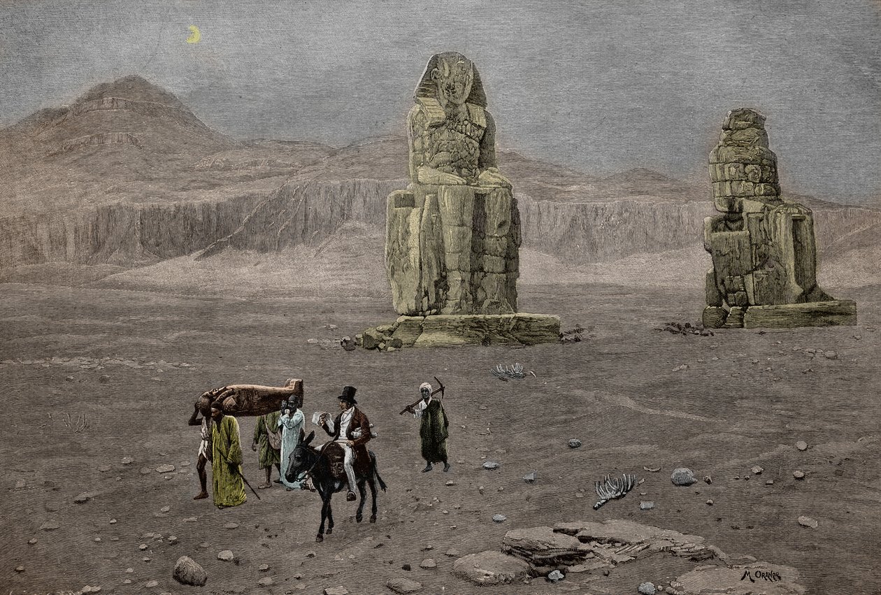 Jean Francois Champollion bij de kolossen van Memnon, Egypte (gravure) door French School
