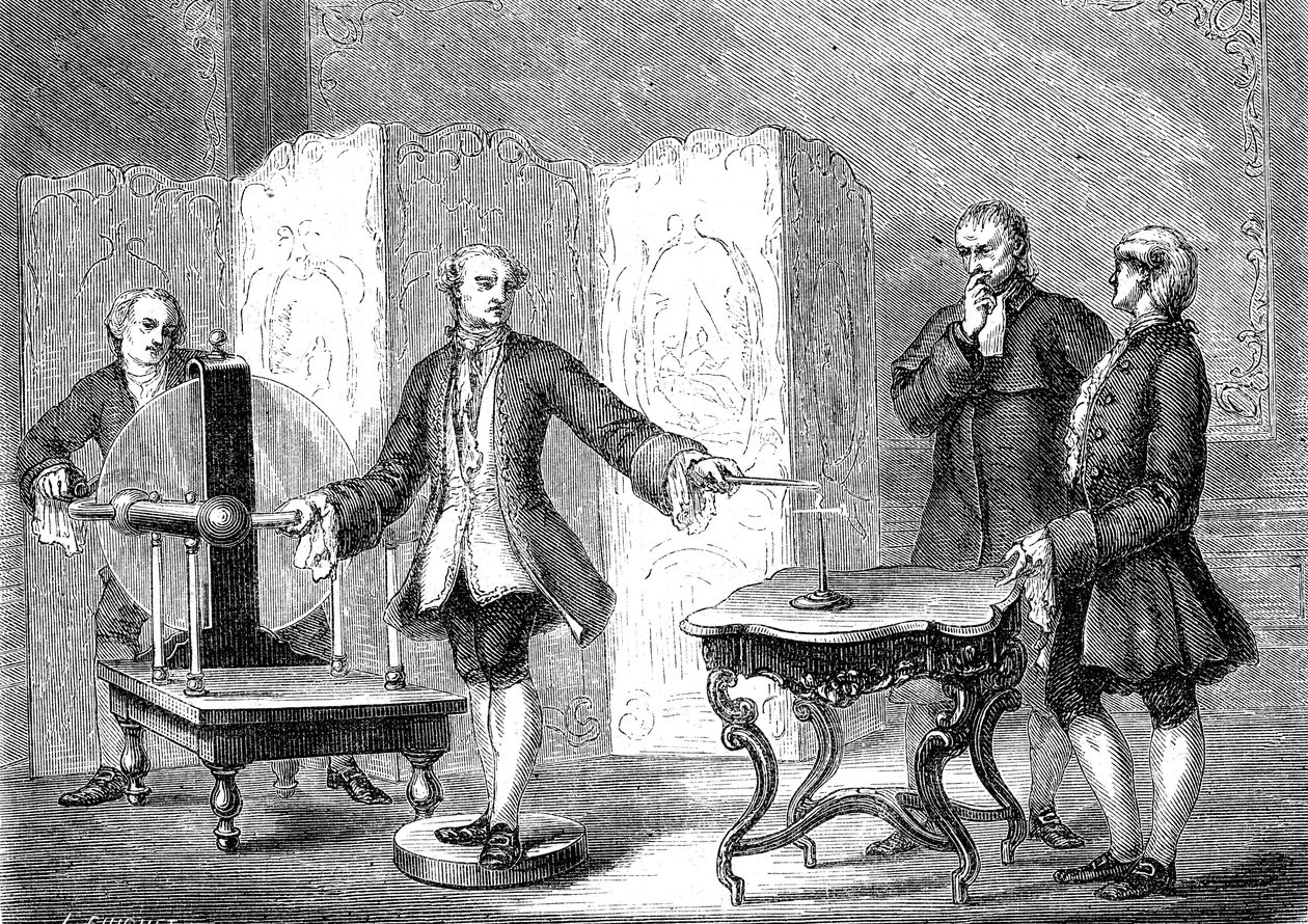 Jean JALLABERT (1712-1768), Zwitserse natuurkundige, ontdekt elektriciteit op scherpe voorwerpen (Kracht van de Punt door FRANKLIN). gravure 1867 door French School