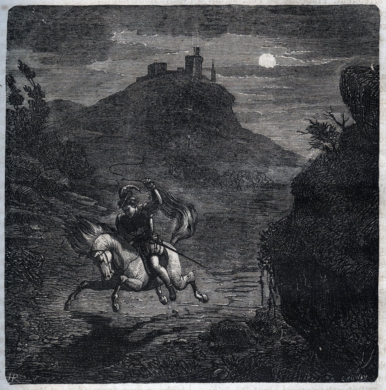 Jean de Laval Graaf van Chateaubriant (Laval-Chateaubriant) (1486-1543) vluchtte naar Engeland na het vermoorden van zijn vrouw Francoise de Foix, Gravin van Chateaubriant (ca. 1495-1537). Gravure uit 1871 in 