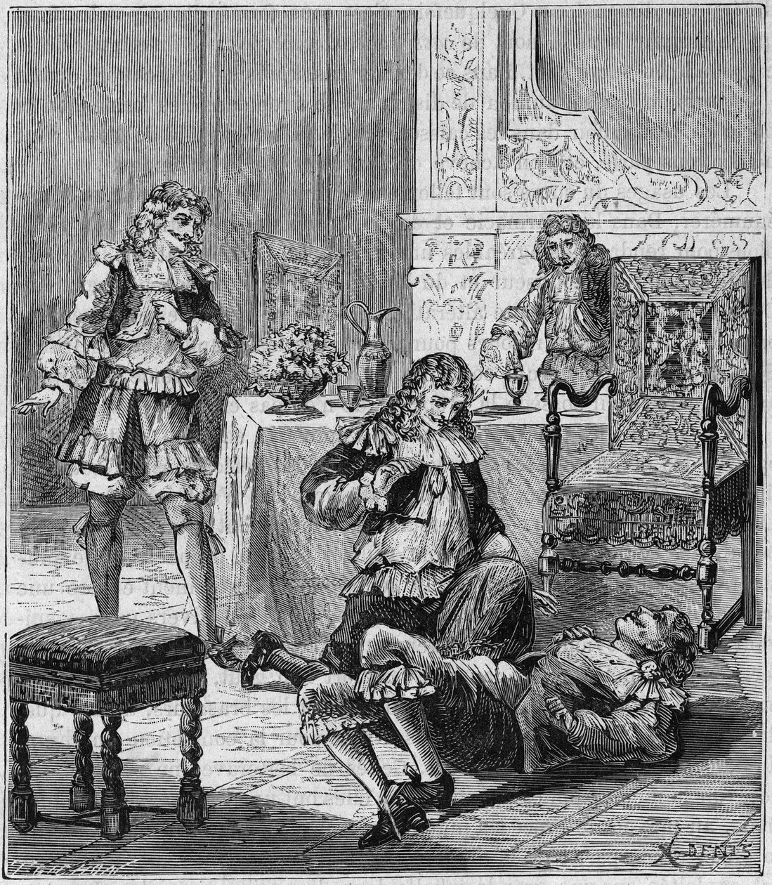 Jean de SANTEUL (Santeuil) (1630-1697) vergiftigd met een glas wijn waarin tabak uit Spanje was gedaan - Gravure in "Wetenschappen beschikbaar voor iedereen - natuurkunde en chemie" door Alexis Clerc - Eind 19e eeuw - Privécollectie door French School