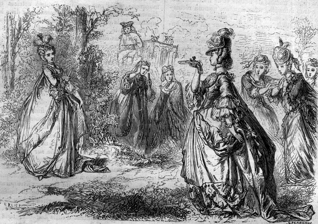 Jeanne Becu, gravin (of Madame) van Barry (1743-1793) favoriet van Lodewijk XV in het paviljoen van Lucienne. Gravure in 