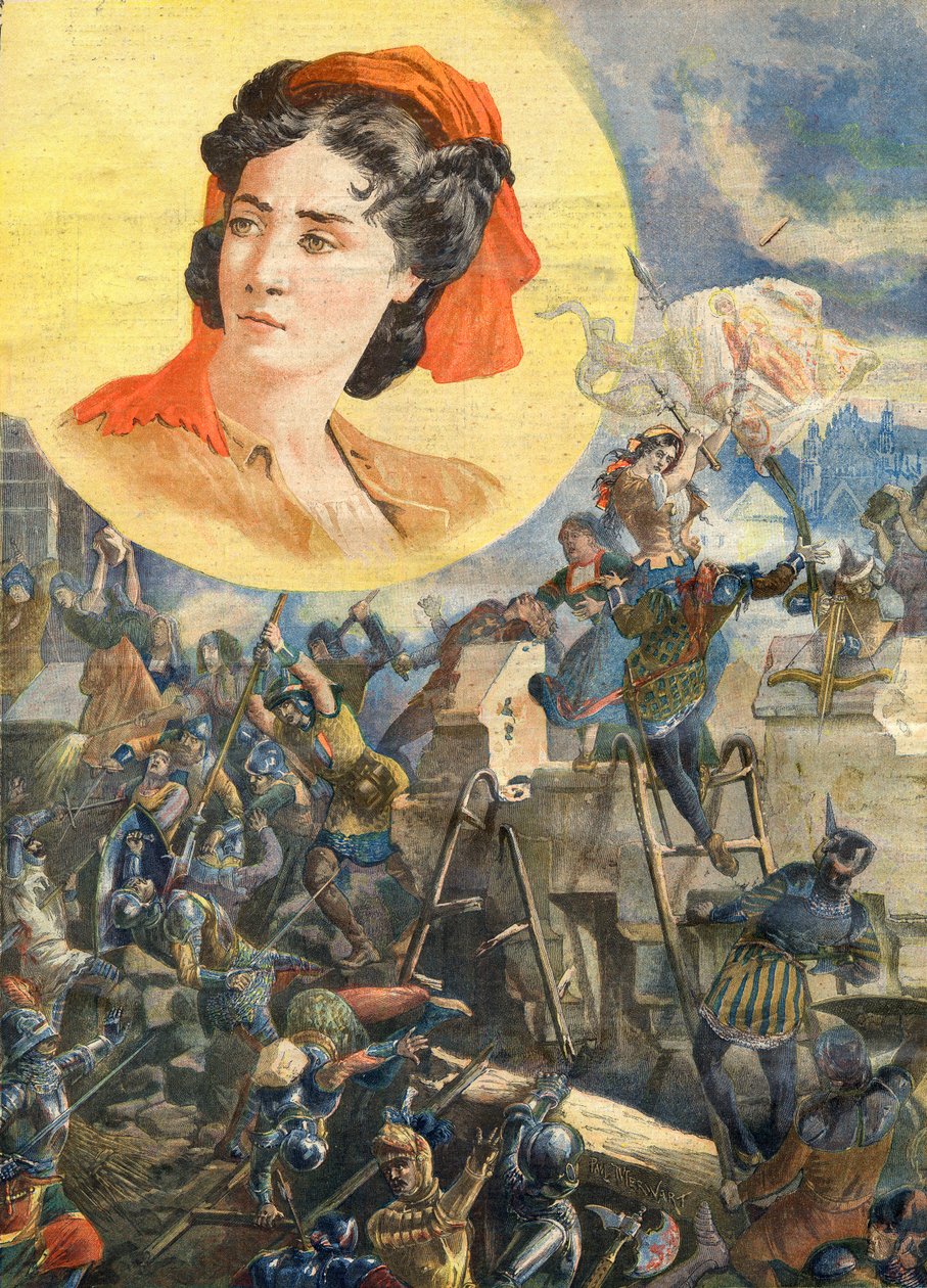 Jeanne Laisne (1456-?), bekend als Jeanne Fourquet, bijgenaamd Jeanne Hachette Franse heldin - Jeanne Hachette bij het Beleg van Beauvais 1472 - Illustratie voor Le Petit Journal, 8 januari 1894 door French School