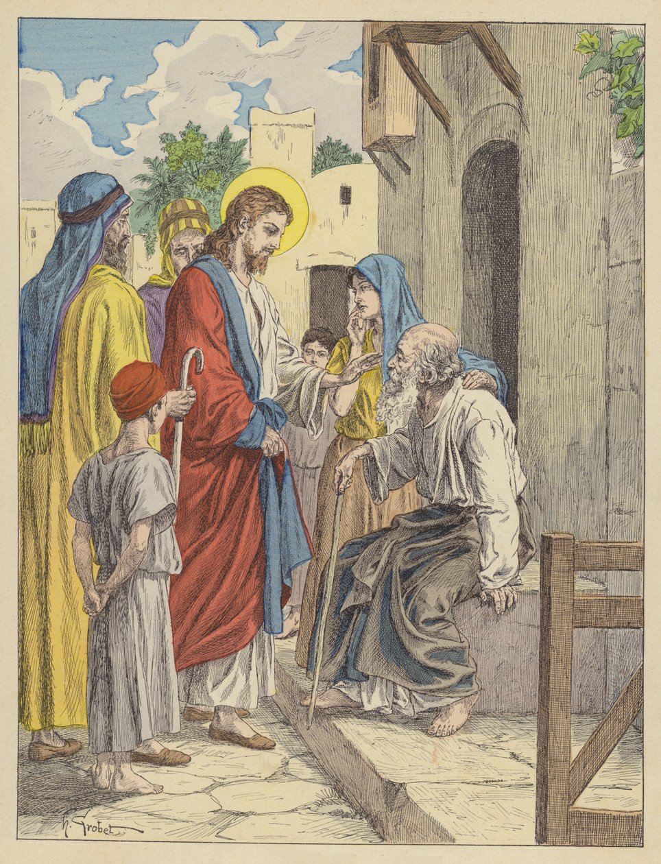 Jezus geneest de blinde man (kleurenlitho) door French School