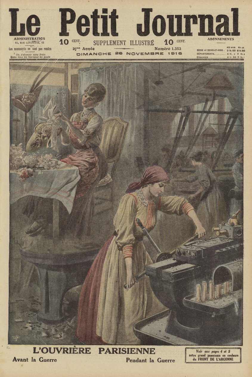 Werk van Parijse werkneemsters voor en tijdens de Eerste Wereldoorlog (kleurenlitho) door French School