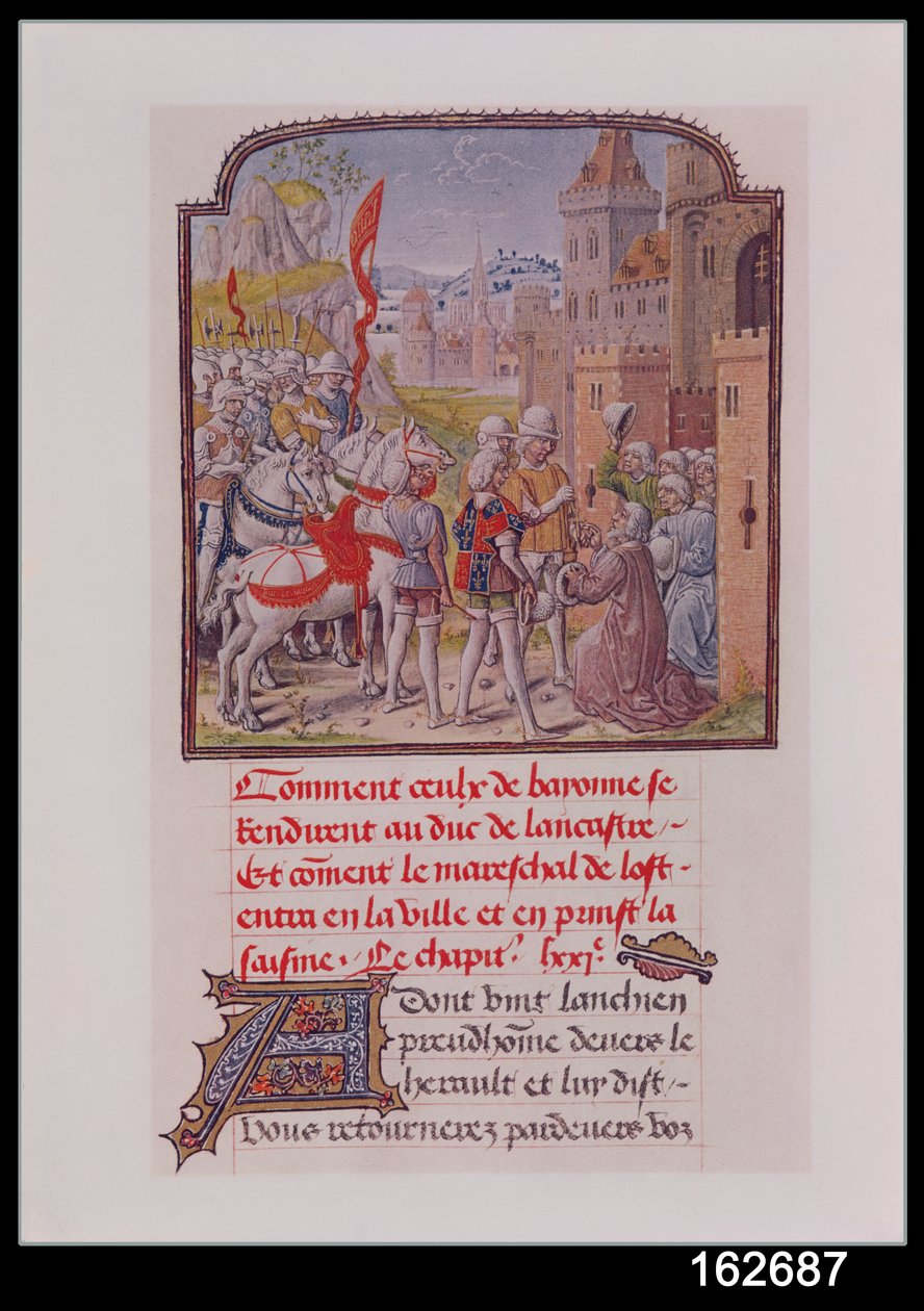 Jan van Gent ontvangen door de burgers van Bayonne bij de stadspoorten, uit Froissarts Kroniek, eind 15e eeuw door French School