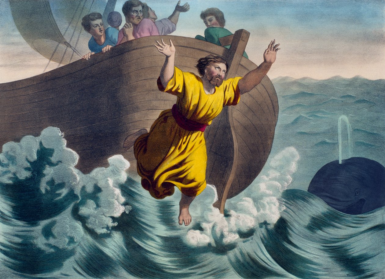 Jona in de zee geworpen, illustratie uit een catechismus L