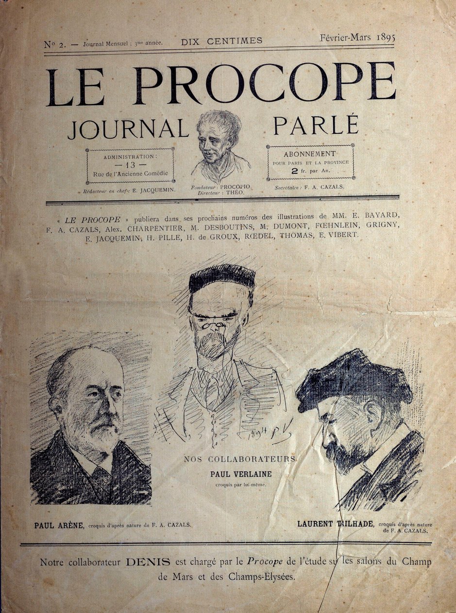 Journal du Proope, Parijs café, februari 1895: portretten van Franse dichters Paul Verlaine, Paul Arene en Laurent Tailhade. door French School