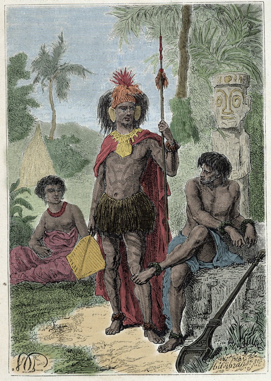 Reis van kapitein James Cook (1728-1779): inboorlingen van de Marquesaseilanden - illustratie uit 