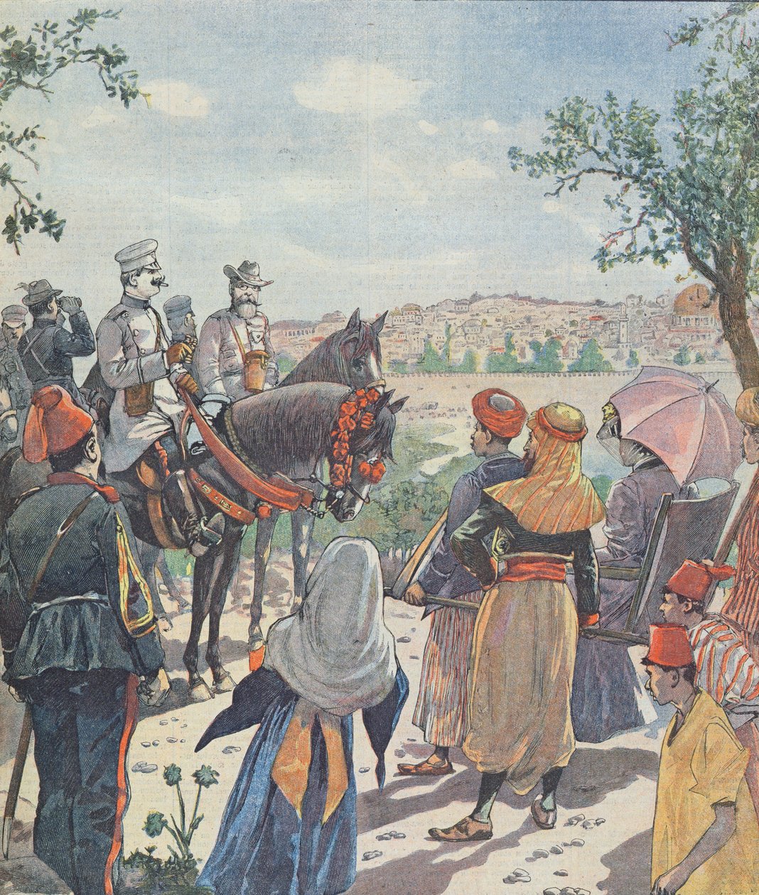 Reis van Kaiser Wilhelm II (1859-1941) naar Palestina. De aankomst in Jeruzalem, uit een krant, 2 november 1898 door French School