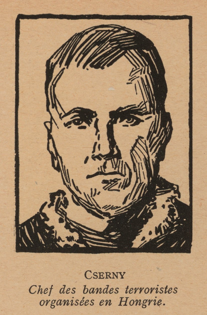 Jozsef Cserny, Hongaarse communistische revolutionair en leider van de Lenin Boys die de Rode Terreur afdwongen onder de Hongaarse Sovjetrepubliek in 1919 (litho) door French School