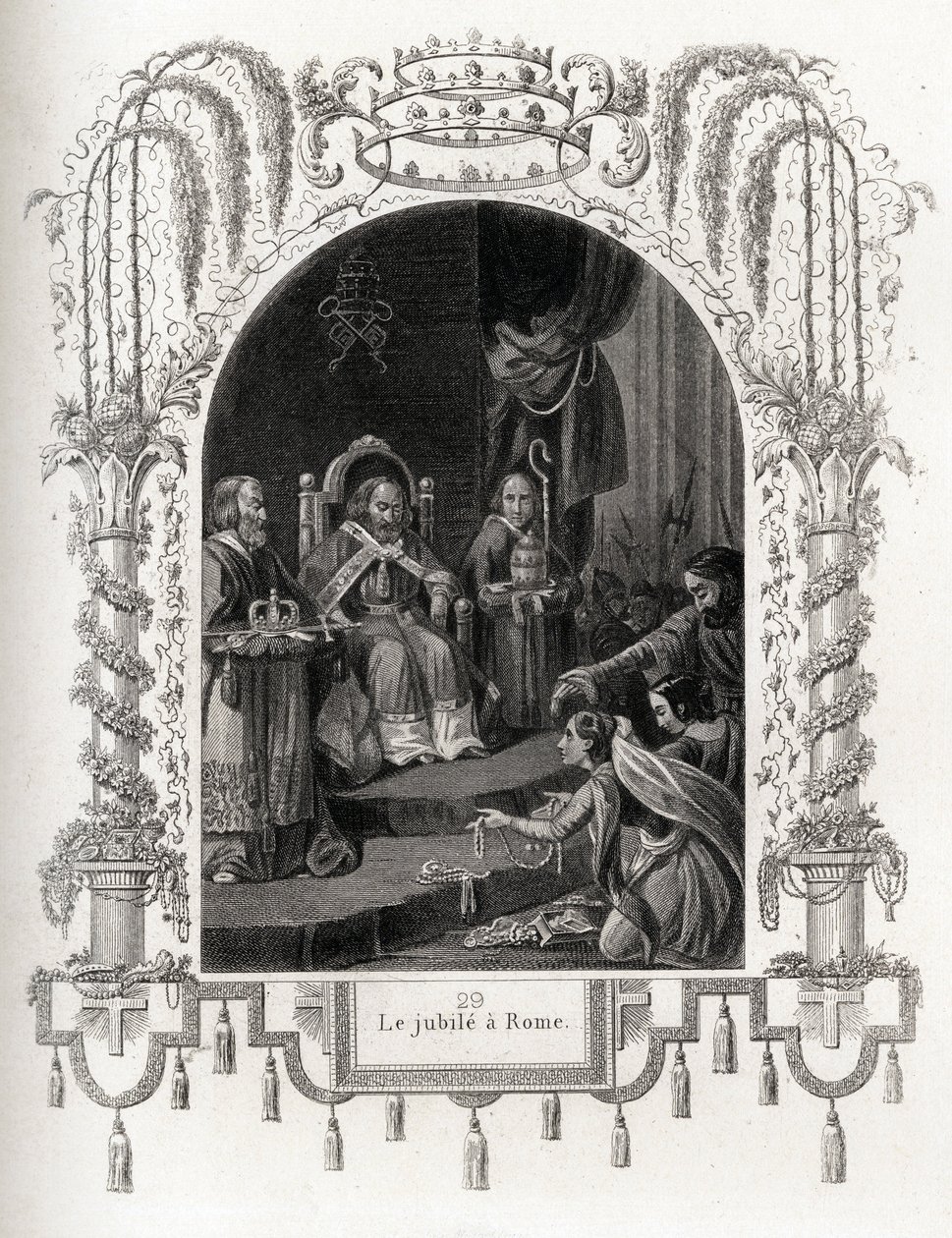 Jubileum in Rome in 1450, tijdens het pontificaat van Nicolaas V (1447-1455). Gravure ter illustratie van Geschiedenis van de pausen door Maurice Lachatre (1814-1900), librairie du progres, Parijs. door French School