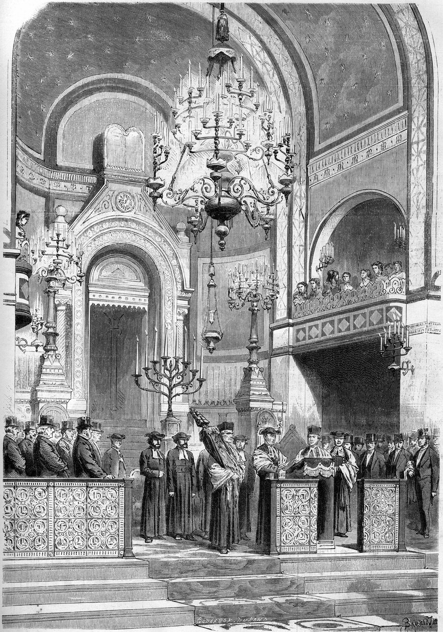 Jodendom: plechtige ontvangst van de opperrabbijn van Parijs, Zadoc Kahn (1839-1905), in de synagoge van de rue Notre Dame de Nazareth, op 13 januari 1869. De opperrabbijn zingt het 