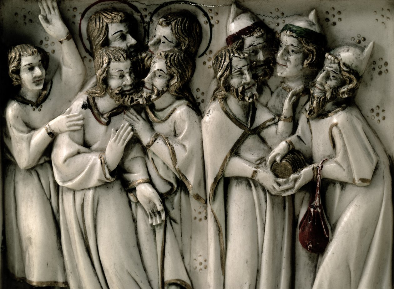 Judas ontvangt dertig zilverstukken, detail van ivoren diptiek, Frans door French School