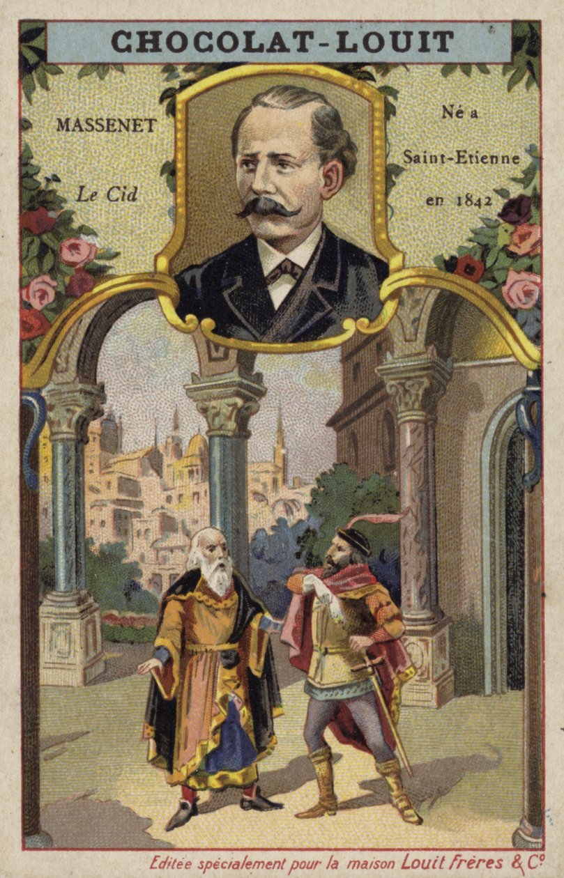 Jules Massenet, Frans componist, en een scène uit zijn opera Le Cid (chromolitho) door French School