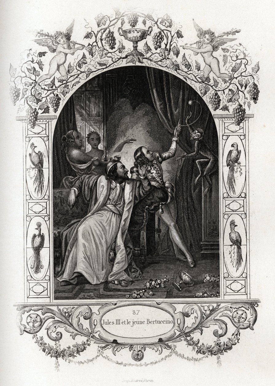 Julius III (julius of Iulius of Giulio) (paus van 1550 tot 1555) en de jonge Bertuccino, de apenshow. Gravure ter illustratie van Histoire des popes door Maurice Lachatre (1814-1900), librairie du progrès, Parijs door French School