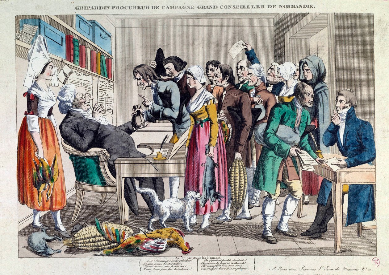 Justitie: Gripardin, campagneadvocaat, groot raadsheer van Normandië. Lithografie uit de 18e eeuw. Parijs, Musée Carnavalet door French School