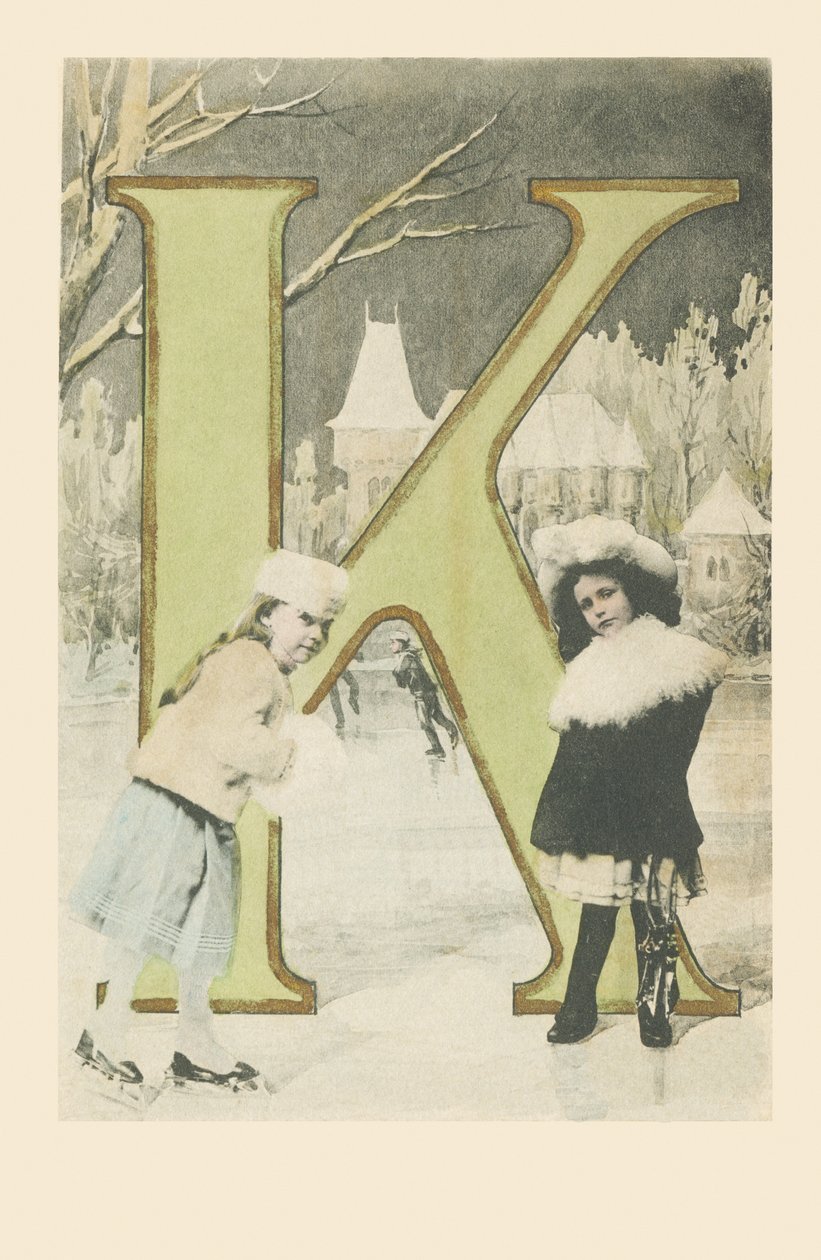 Twee meisjes, glijdend en schaatsend in de winter door French School