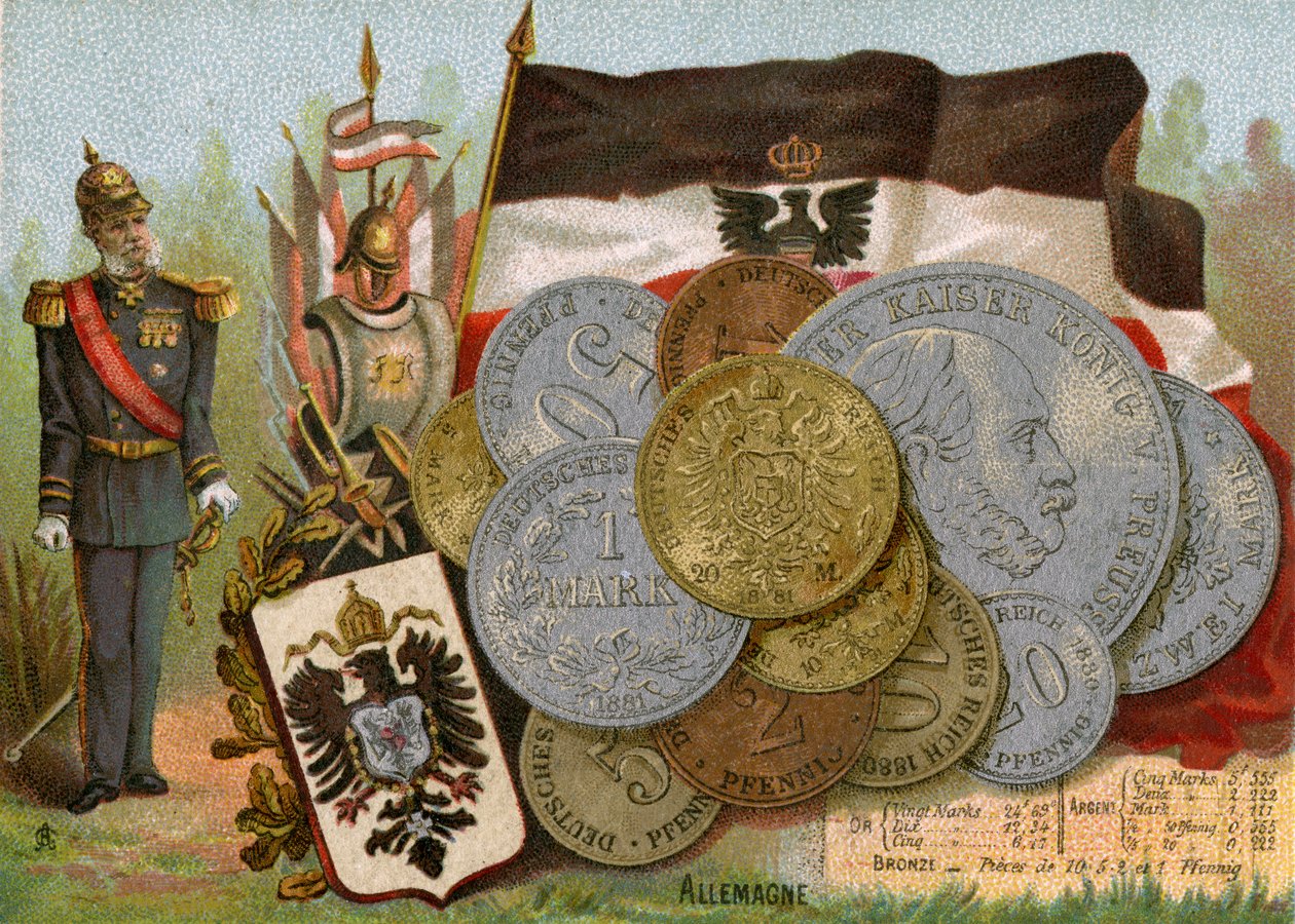 Kaiser Wilhelm I staand naast de vlag van het Koninkrijk Pruisen en een display van Duitse marken, ca. 1890 door French School