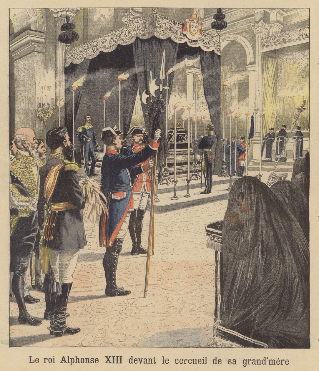 Koning Alfonso XIII van Spanje voor de kist van zijn grootmoeder, koningin Isabella II (kleurenlitho) door French School