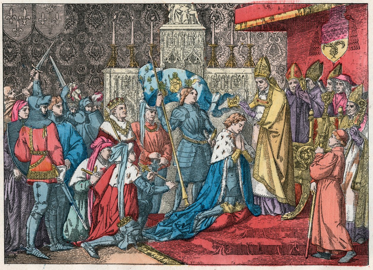 Koning Karel VII (1403-1461) ontvangt de kroon in de Kathedraal van Reims op 17/07/1429 in aanwezigheid van Jeanne d