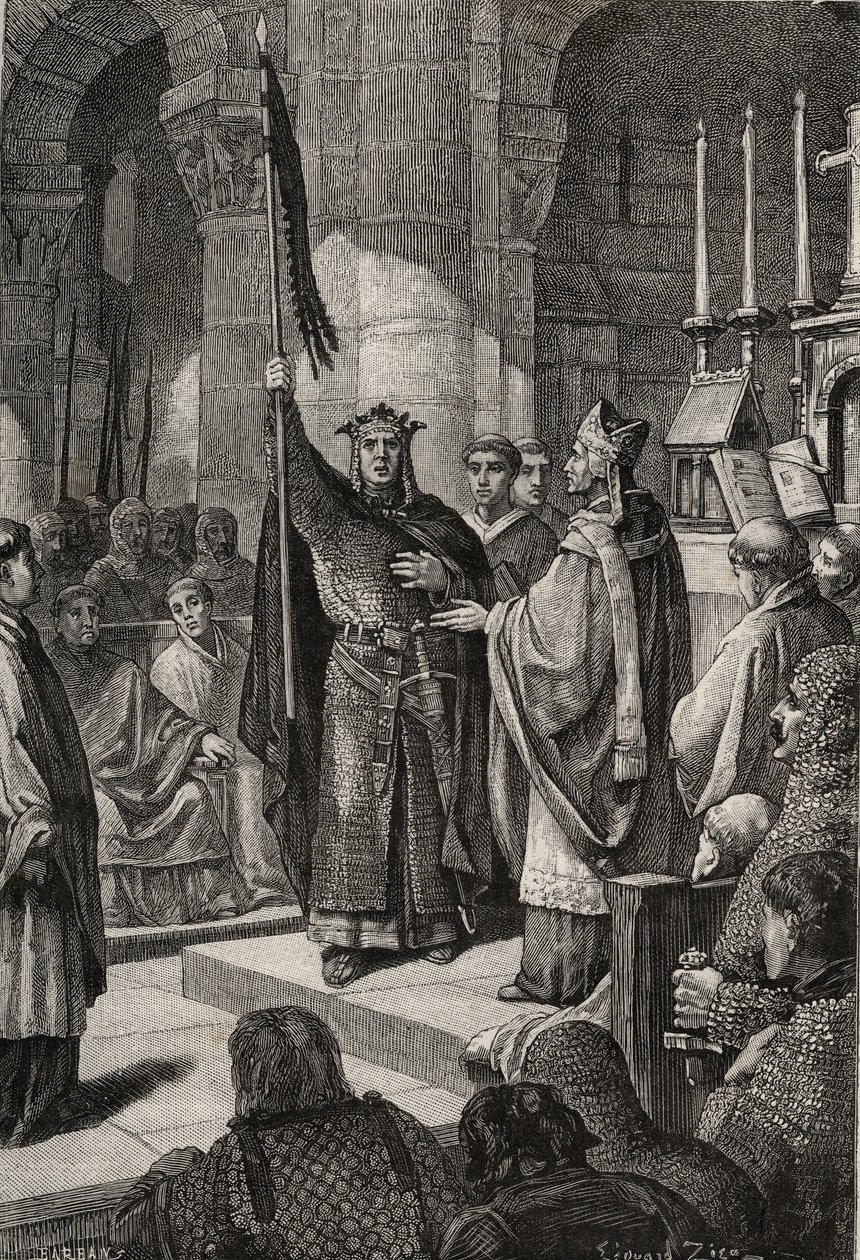 Koning Lodewijk VII (1120-1180) neemt de oriflamme in de Basiliek van Saint Denis (Saint Denis) in aanwezigheid van koningin Alienor van Aquitanië en ontvangt de hommel en pannetiere van de pelgrim uit de handen van paus Eugenius III (? -1153) voor zijn ve door French School