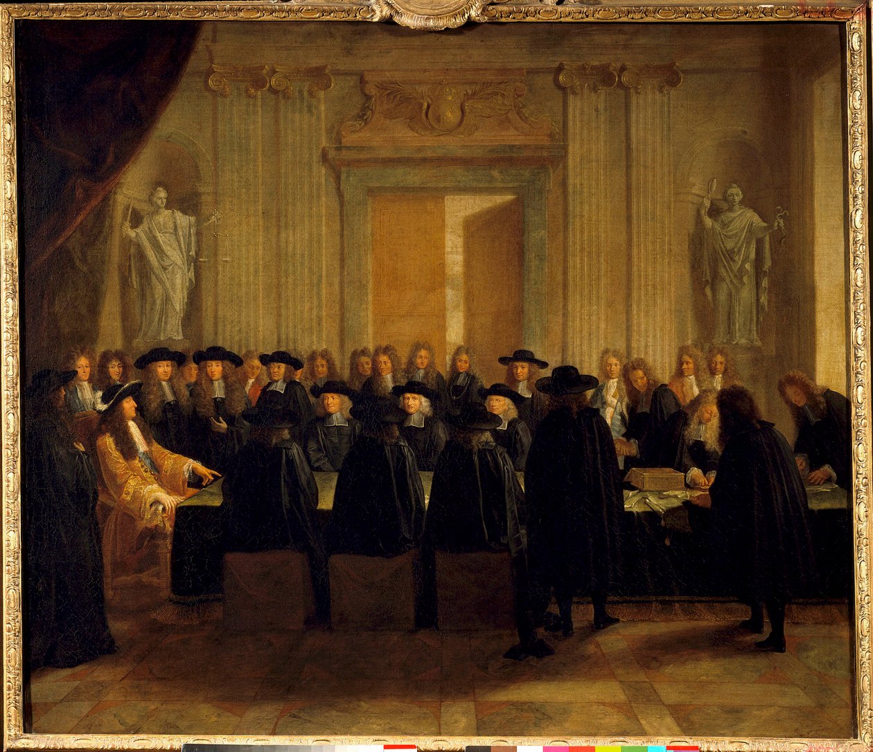 Koning Lodewijk XIV (1638-1715) met de zegels in aanwezigheid van de staatsraden en de meester van verzoeken terwijl hij zelf het ambt van kanselier van Frankrijk bekleedde tussen februari en april 1672 (anoniem schilderij) door French School