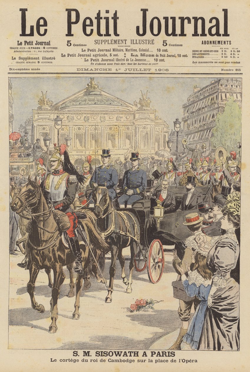Koning Sisowath van Cambodja op bezoek in Parijs (kleurenlitho) door French School