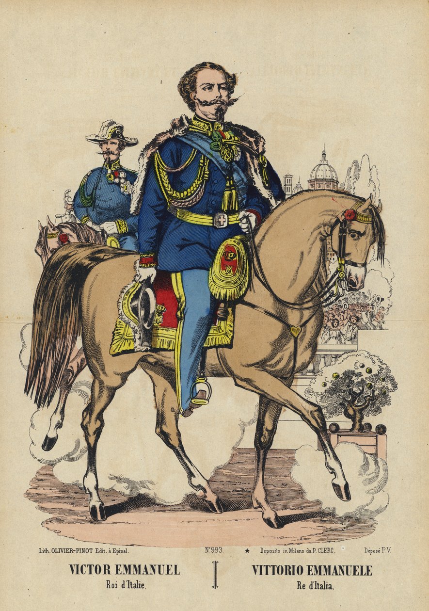 Koning Victor Emmanuel II van Italië (kleurenlitho) door French School
