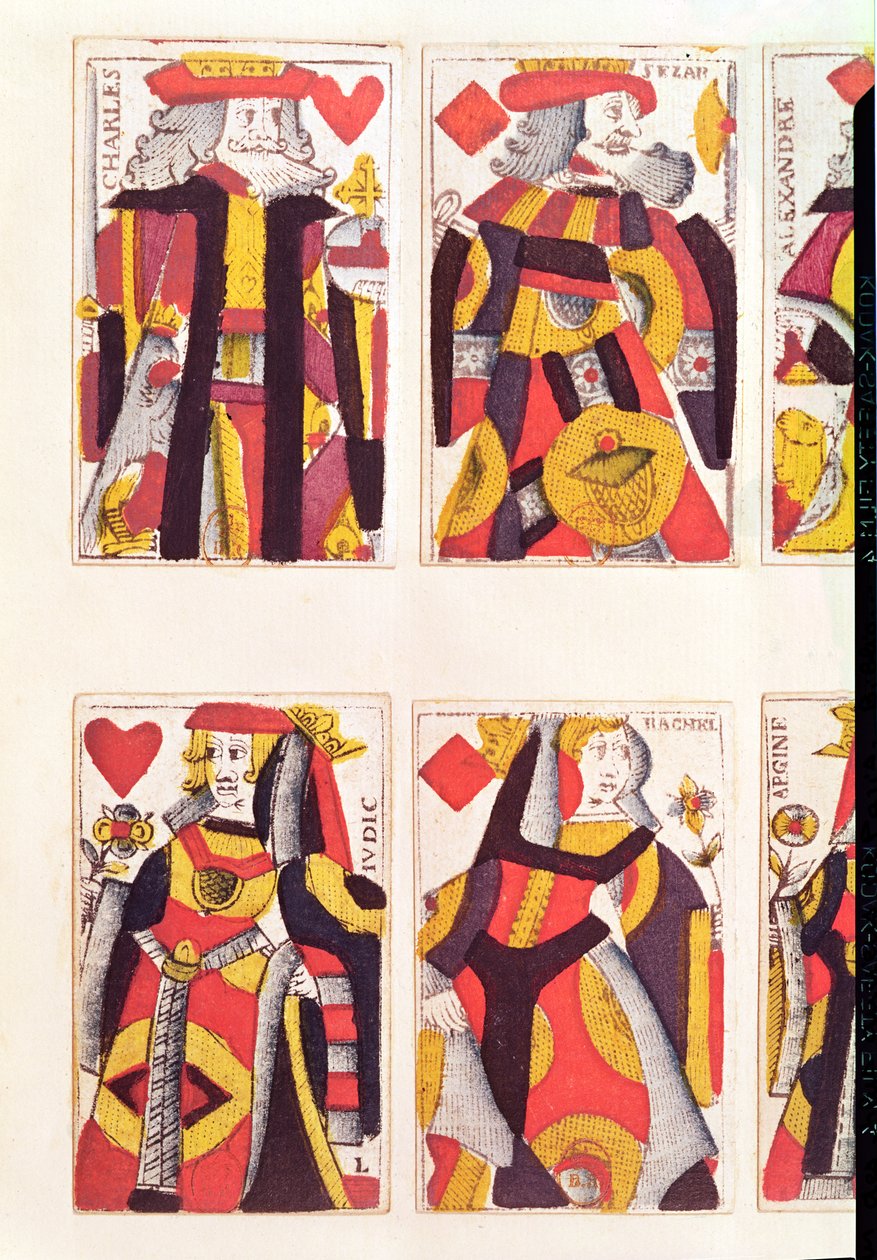 Koning en Koningin speelkaarten (gekleurde houtsnede) door French School