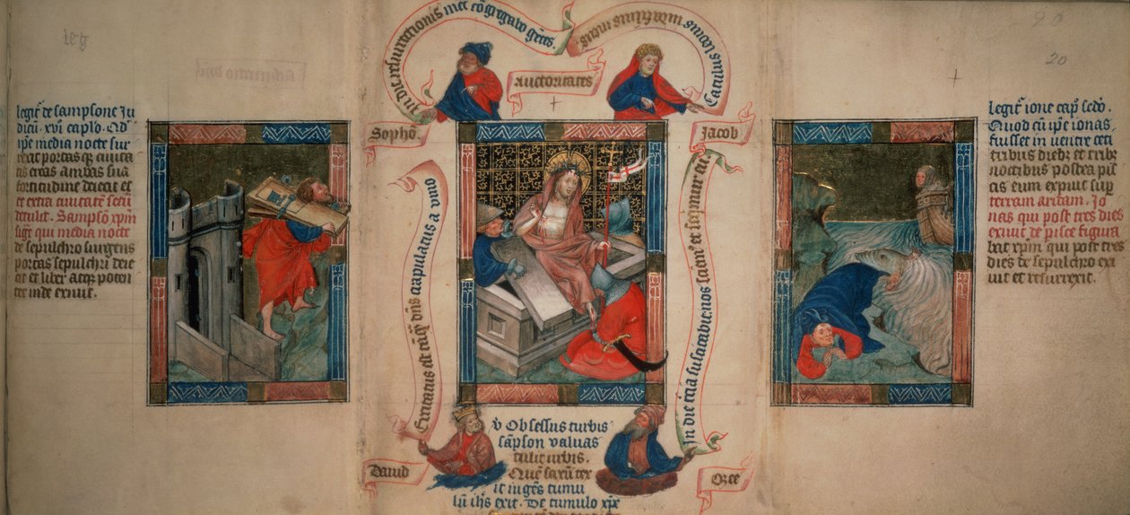 De Opstanding, Samson breekt de poorten van Gaza, Jona ontsnapt uit de walvis, uit de Biblia Pauperum, begin 15e eeuw door French School