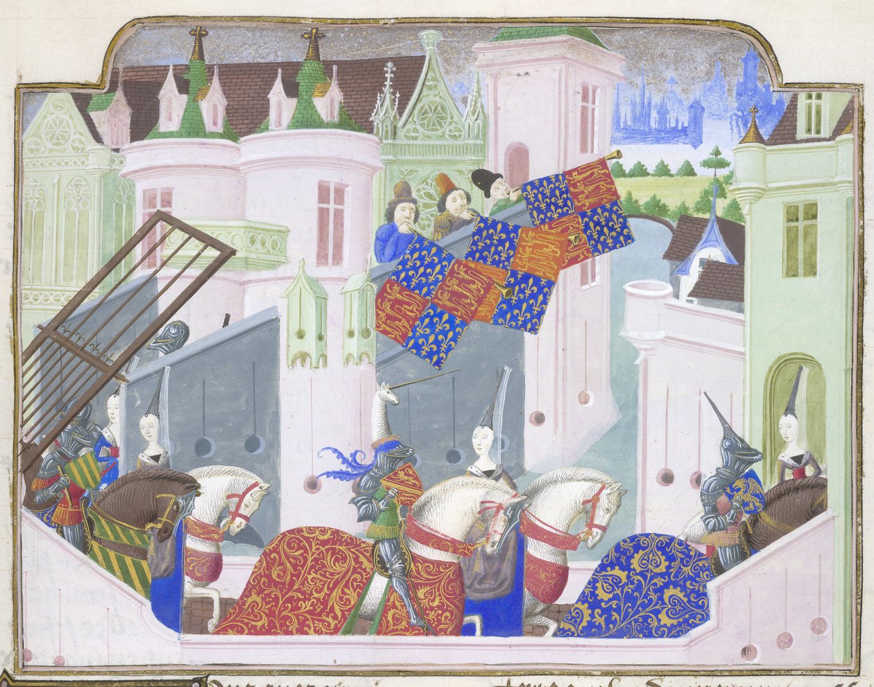 Ridders en dames rijden uit naar een toernooi in Londen, uit Froissart