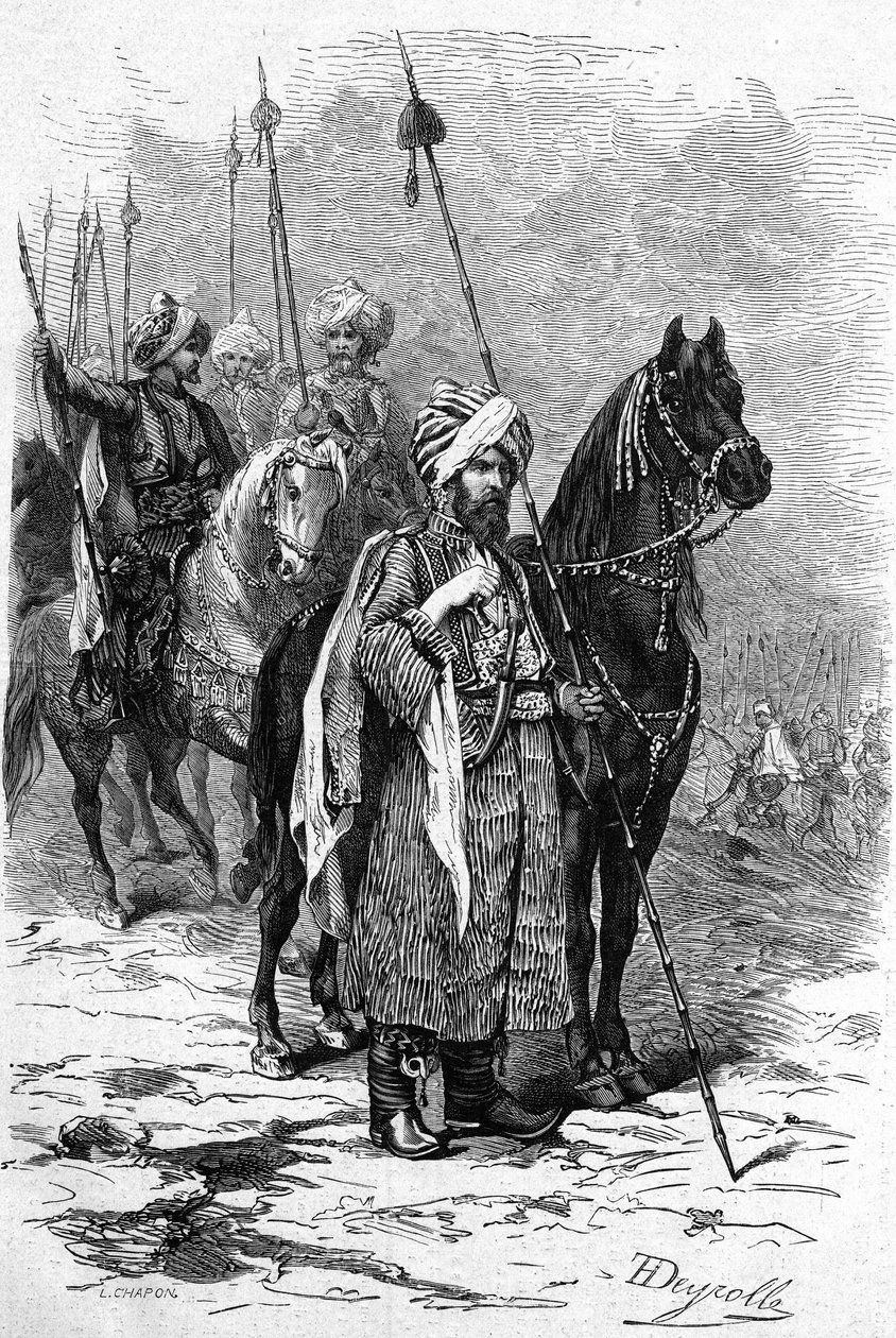 Koerdische soldaten in 1877 tijdens de Oosterse Oorlog (1875-1878) ook wel de Turks-Russische Oorlog genoemd. Gravure in 