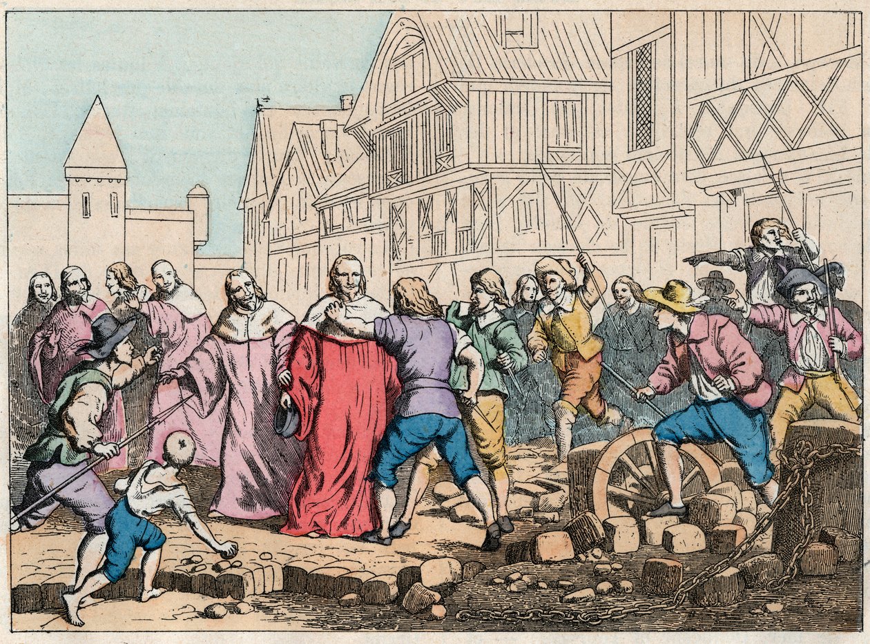 La Fronde (27 augustus 1648) - barricades in Parijs: een rotorjongen bedreigt de president van het parlement, Mathieu Mole (1584-1656) - President Mole mishandeld door opstandelingen - Gravure van het einde van de 19e eeuw in 