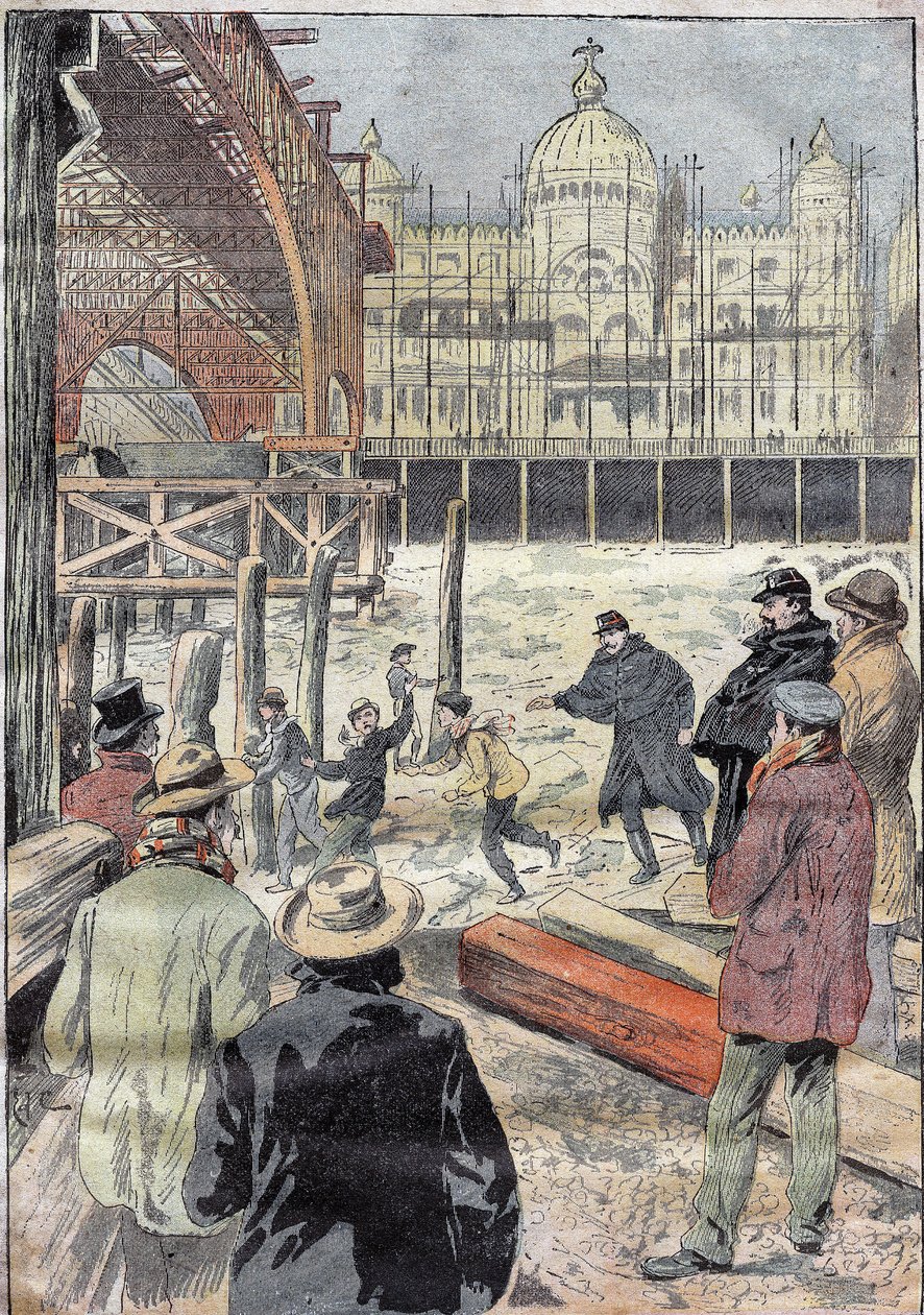 De bevroren Seine, nabij de ijzeren brug gebouwd voor de wereldtentoonstelling, naast de Pont des Invalides, winter 1899. Gravure in 