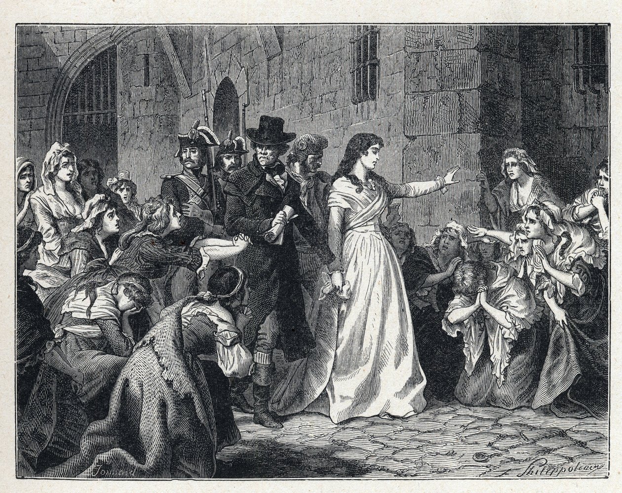 De Terreur tijdens de Franse Revolutie: Madame Jeanne Marie Roland de la Platiere (1754-1793) verlaat de Concierge gevangenis om voor het Revolutionaire Hof te verschijnen in 1793. Haar medegevangenen knielen op haar pad. door French School