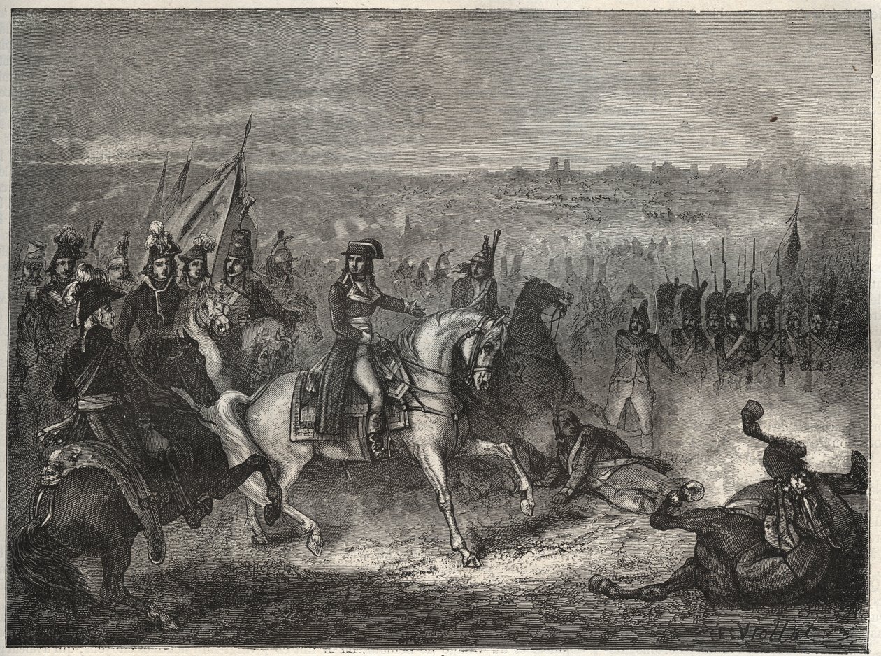 De slag bij Lonato - NAPOLEON BIJ LONATO - Ook wel de tweede slag bij CASTIGLIONE genoemd: in zijn Italiaanse veldtocht verslaat Napoleon de Oostenrijkers onder Wurmser, waardoor ze zich terugtrekken naar Mantova. 3 augustus 1796 - Nieuwe Nationale Encyclo door French School