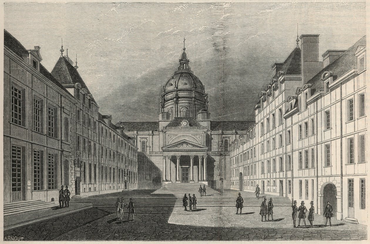 De binnenplaats van de Sorbonne in Parijs in de 19e eeuw - Gravure in 