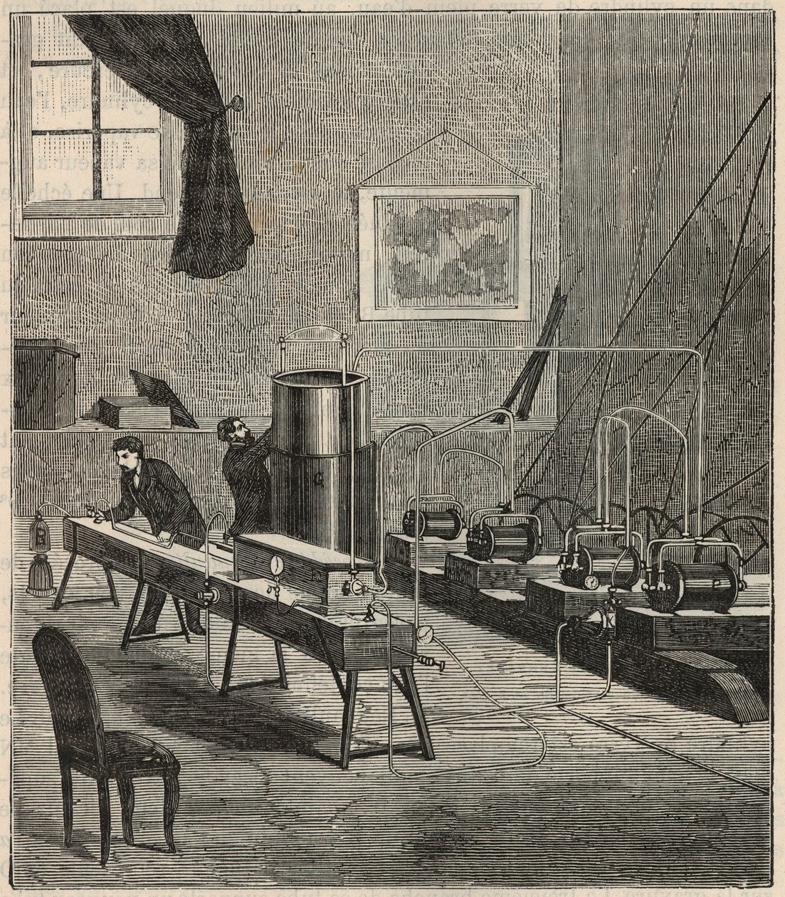 De vloeibaarmaking van gassen in het laboratorium van Raoul Pictet (1878) - Raoul Pierre Pictet (1846-1929) Zwitserse natuurkundige, voert een experiment uit om waterstofgas vloeibaar en vast te maken, en bestudeerde de eigenschappen van stoffen bij lage t door French School