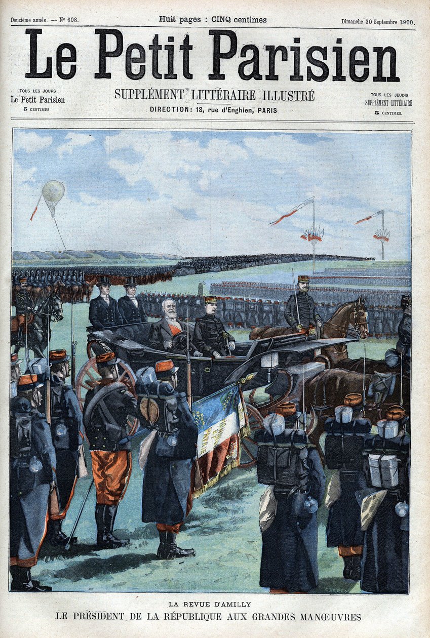 De revue van Amilly: De president van de Franse republiek Emile Loubet bij de grote manoeuvres- in 