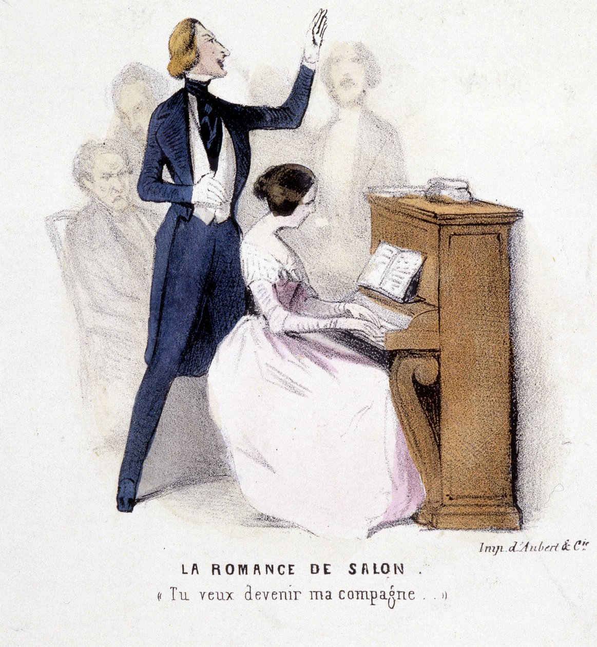 De salonromance: man zingt begeleiding op piano door een vrouw, door Lonsay, ca. 1845 door French School